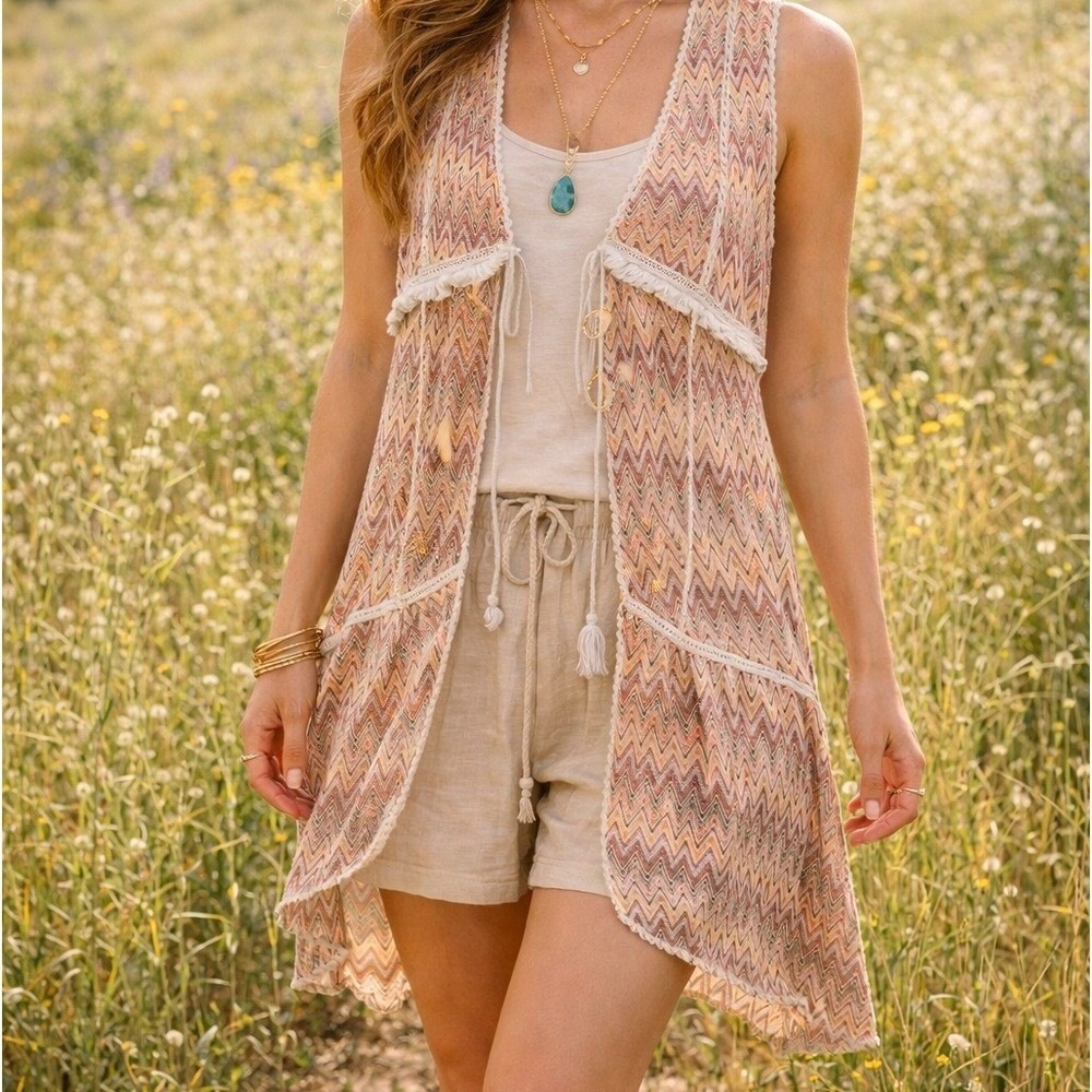 Miss Me Chevron Zig Zag Knit Tassel Tie Vest Bohemian Sz L Festival Hippie *Worn